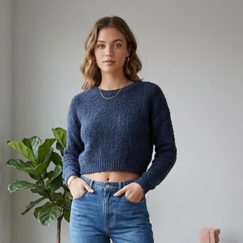Obey No.89 Navy Blue Wool Alpaca Knit Cropped Sweater Small